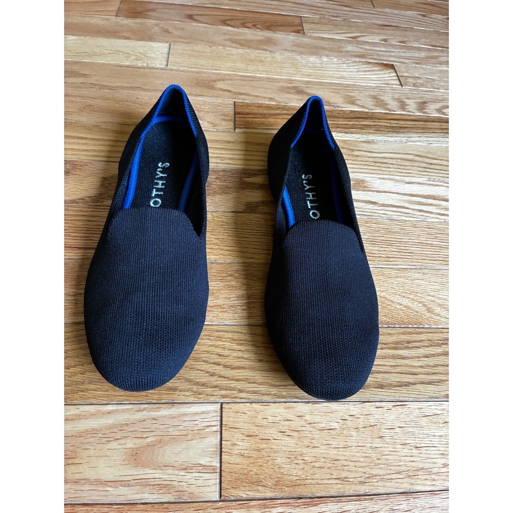 Rothys The Loafer Black Solid Knit Flats Womens Size 10 Round Toe Blue Halo Trim - Picture 3 of 7